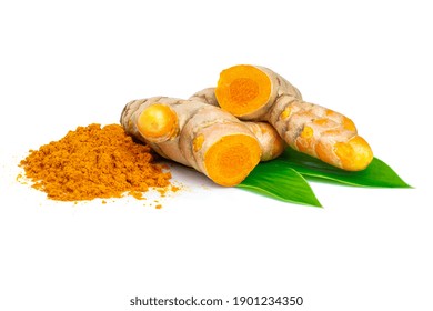 Tumeric Rhizome With Green Leaf And Pile Of Turmeric Powder Isolated On White Background.