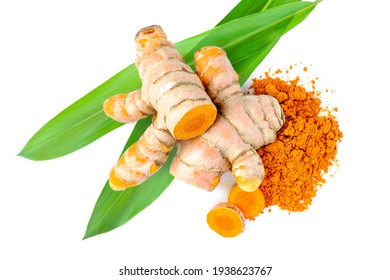 Tumeric root with green leaf and turmeric powder isolated on white background. Top view. Flat lay. 