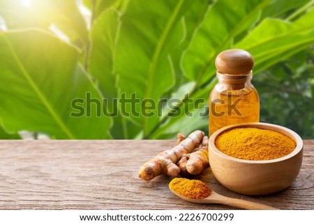 Tumeric root and tumeric powder in wooden bowl with bottle of turmeric essential oil on wooden table with turmeric tree blurred background.