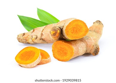 Tumeric (Turmeric) Root With Cut Slice And Green Leaf Isolated On White Background. 