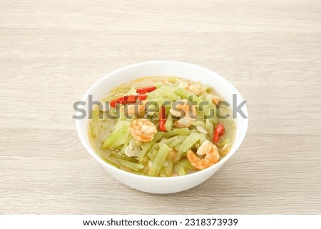 Tumis Labu Siam Udang, spicy stir fry chayote with shrimp, Indonesian traditional food
