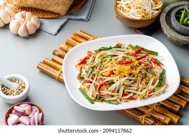 Tumis Tauge ikan asin or Salted Bean Sprouts is one of type traditional cuisine in Indonesia. sauteed bean sprouts cooked with salted fish served on plate and isolated gray background.
