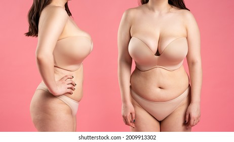 Tummy tuck, flabby skin on a fat belly, plastic surgery concept on pink background, collage of two photos