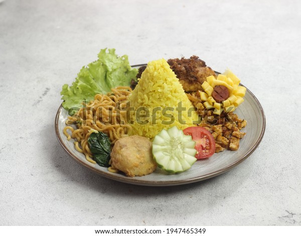 Tumpeng Nasi Kuning Mini Tumini Complete Stock Photo (Edit