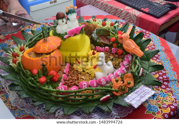 Tumpeng Nasi Kuning Usually Birthday Celebration Stock Photo