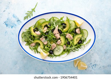 Tuna Arugula Salad Served In An Oval Dish, Top Down View Of The Meal 