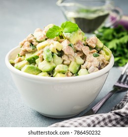 Tuna Avocado Egg Salad On Concrete Background. Selective Focus, Copy Space. 