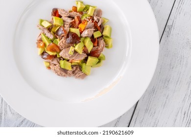 Tuna Avocado Salad On The White Plate