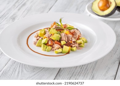 Tuna Avocado Salad On The White Plate