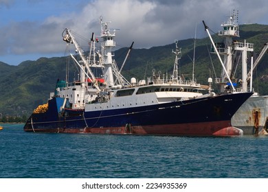  tuna boat are moored to a cargo ship in the harbor. - Shutterstock ID 2234935369