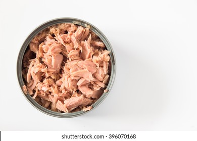 Tuna In Can On White Background / Top View