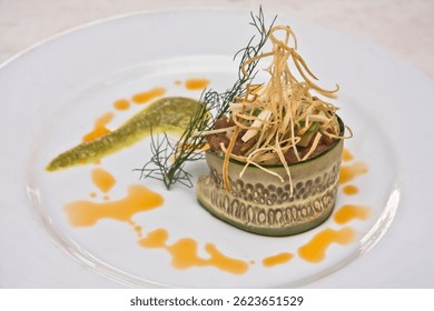 tuna carpaccio with cucumber slice, dressing and fried corn, raw tuna pie, gourmet food