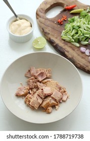 Tuna Chunks In The Brown Bowl. Preparation For Making Spicy Tuna Salad Or Tuna Spreads. Selective Focus