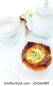 Tuna Fish Pie And Milk Tea For Gourmet Breakfast Image