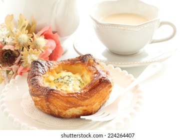 Tuna Fish Pie And Milk Tea For Gourmet Breakfast Image