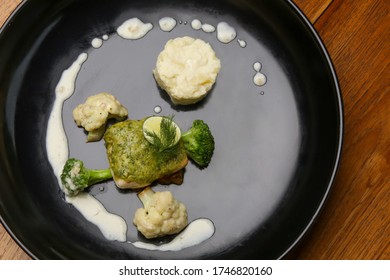 Tuna In Lemon Dill Sauce. Exquisite Dish, Creative Restaurant Meal Concept.