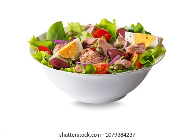 Tuna salad with lettuce, eggs and tomatoes isolated on white background 4/29 image series