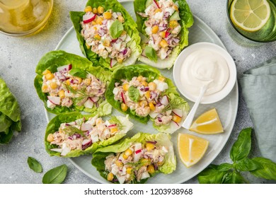 Tuna Salad Lettuce Wraps  On White Plate, Top View