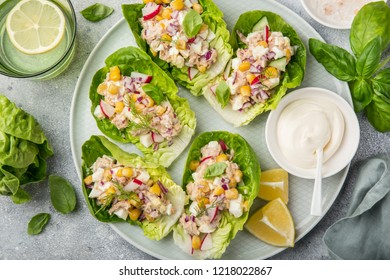 Tuna Salad Lettuce Wraps  On White Plate, Top View