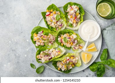 Tuna Salad Lettuce Wraps  On White Plate, Top View