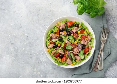 Tuna Salad In White Bowl, Top View, Copy Space