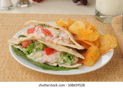 A Tuna Sandwich On Pita Bread With Potato Chips