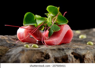 Tuna Sashimi And Wasabi Sauce. Haute Cuisine