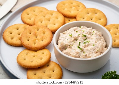 Tuna spread in white bowl with Butter cracker in white plate - Powered by Shutterstock