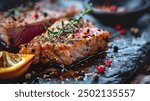 Tuna steak displayed on a cutting board with a garnish of herbs, professional food photography from an angle view, showcasing the freshness of the dish.