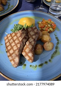 Tuna Steak On Blue Plate