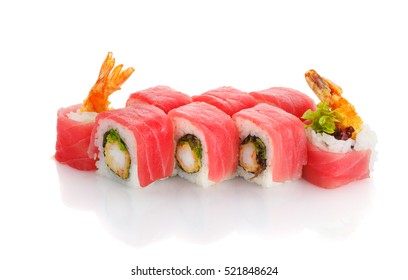 Tuna Sushi Roll With Shrimp Isolated