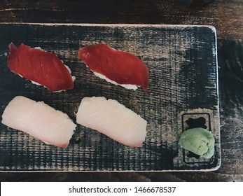 Tuna And Yellowtail Nigiri Sushi Plate With Wasabi, Asian Food In Restaurant