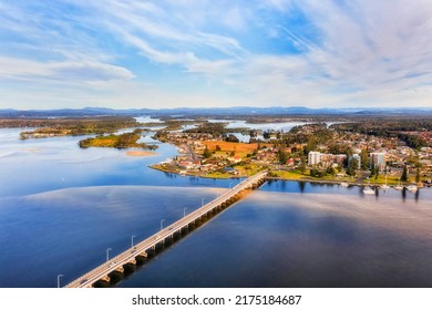 Tuncurry Town Waterfront Along Coolongolook River Entering Pacific Ocean From Wallis Lake On Australian Mid North Coast - Aerial View.