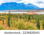 Tundra and mountains along the Sustina River on the  Denali Highway in Alaska