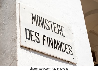 Tunisia, Tunisia - April 09, 2022: Signpost on the wall of a building with an inscription in French: "Ministry of Finance"