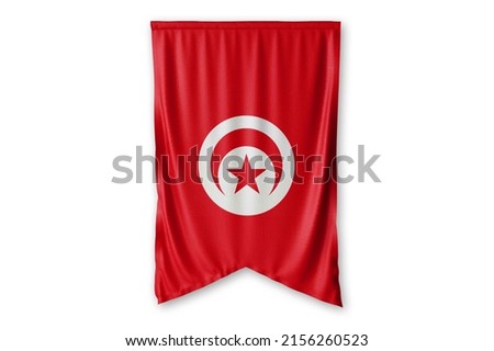 Tunisia flag hang on a white wall background. - image.
