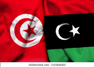 Tunisia And Libya Flag On Cloth Texture