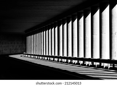 Tunnel With Columns In Black And White Photo, Abstract Tunnel Photo, Black And White Photo, Architecture Details Close Up In Black And White, Way, Road, Columns, Diagonal, Street Photography