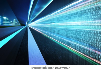 Tunnel road with binary code numbers on motion blurred asphalt road , speed and faster digital matrix technology information concept . - Powered by Shutterstock - Get 15% off with code: PIKWIZARD15