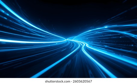 Tunnel of Technology: A visually striking depiction of data transfer, with dynamic light trails coursing through a futuristic tunnel, symbolizing speed, connectivity, and the digital age. 