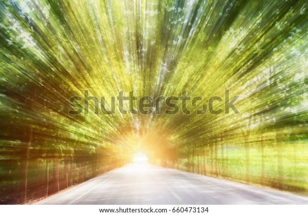 Tunnel vision:Road in motion speed on the
asphalt forest road blur
background