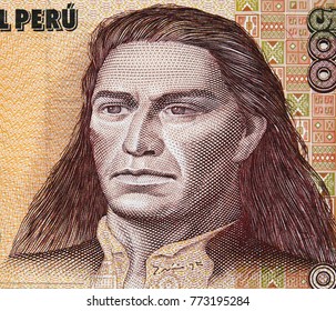 Tupac Amaru II portrait on Peruvian 500 intis (1987) banknote closeup,  leader of indigenous rebellion against the Spanish in colonial Peru