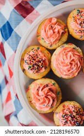 Tupperware Of Funfetti Cupcakes With Pink Frosting And Sprinkles On Party Gingham Table Cloth