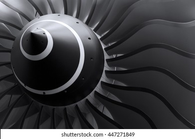 Turbine Blades Of Turbo Jet Engine For Passenger Plane, Aircraft Concept, Aviation And Aerospace Industry, Selective Focus 