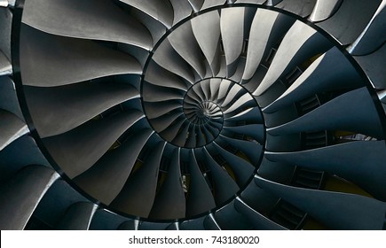 Turbine blades wings spiral effect abstract fractal pattern background Spiral industrial production metallic stair background Turbine manufacturing technology abstract fractal pattern staircase