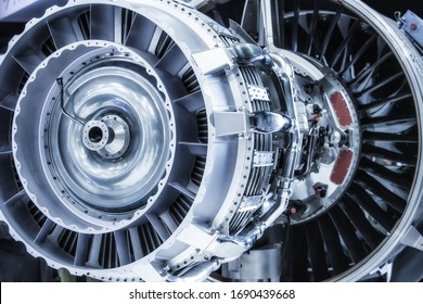 Turbine Engine. Aviation Technologies. Aircraft jet engine detail during maintenance. Blue toned. - Shutterstock ID 1690439668