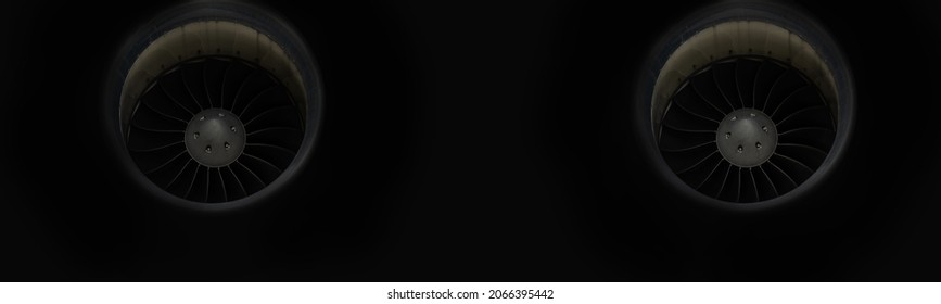 The Turbine Engine Of The Modern Business Jet Aircraft, Rotor Close-up Over Black Background, Panoramic Image