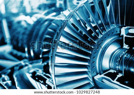 Turbine Engine Profile.  Aviation Technologies. Aircraft jet engine detail in the exposition