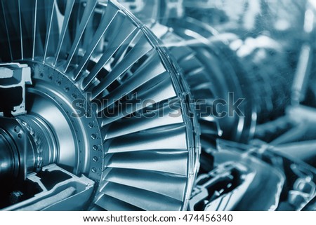 Turbine Engine Profile.  Aviation Technologies. Aircraft jet engine detail in the exposition. Blue colored.