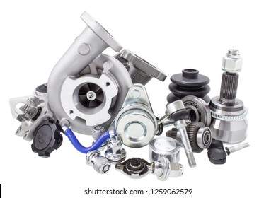 Turbine And Other Parts Of Automotive Components And Components Necessary For The Repair Of A Modern Car. Parts Group Isolated On A White Background.